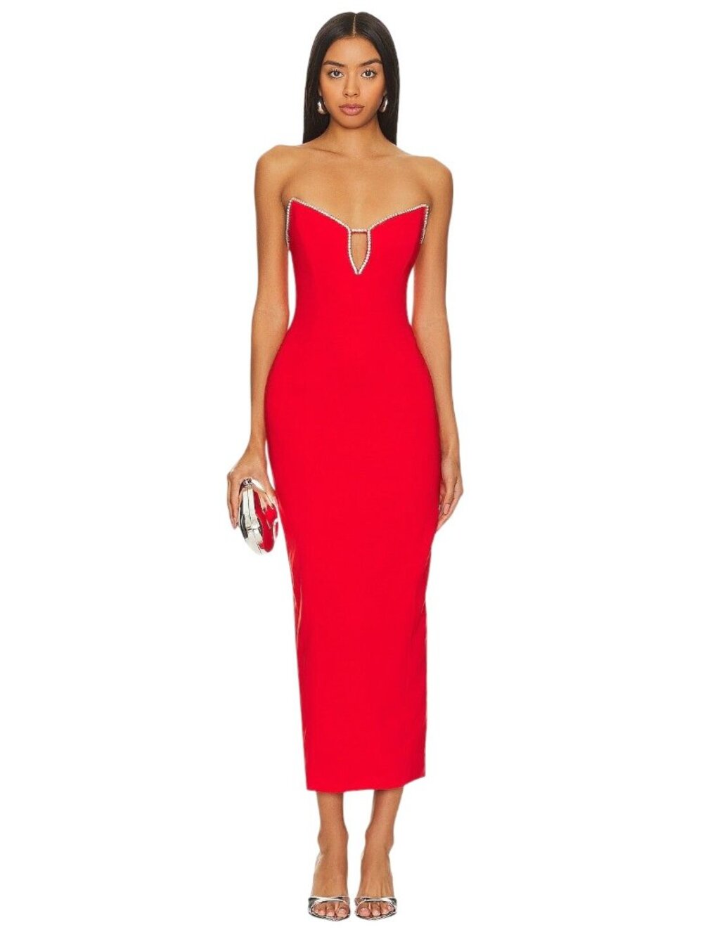 Strapless Red Midi Dress with Embellished Neckline